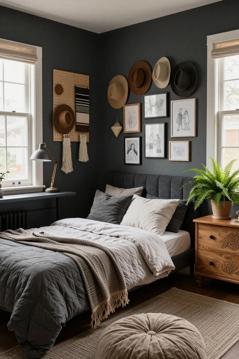 Corner of a bedroom with dark gray walls, a queen bed with gray quilt and white sheets, multiple hats mounted on the wall next to framed drawings and photos, a potted fern on a wooden nightstand, and a floor pouf on a seagrass rug.