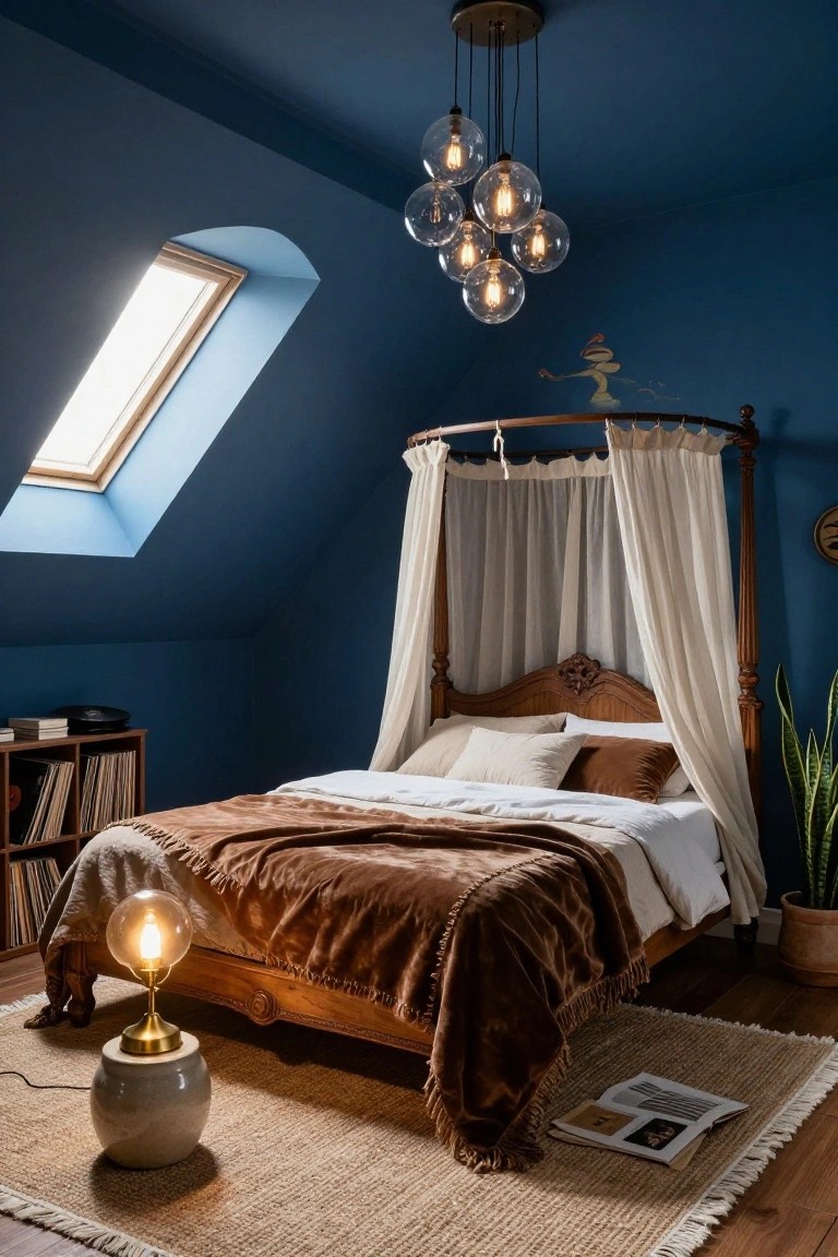 Attic bedroom featuring navy blue walls, sloped ceiling with arched skylight, wooden canopy bed draped in sheer white fabric, multi-globe pendant light, bookshelf with vinyl records, potted plant, and seagrass rug.