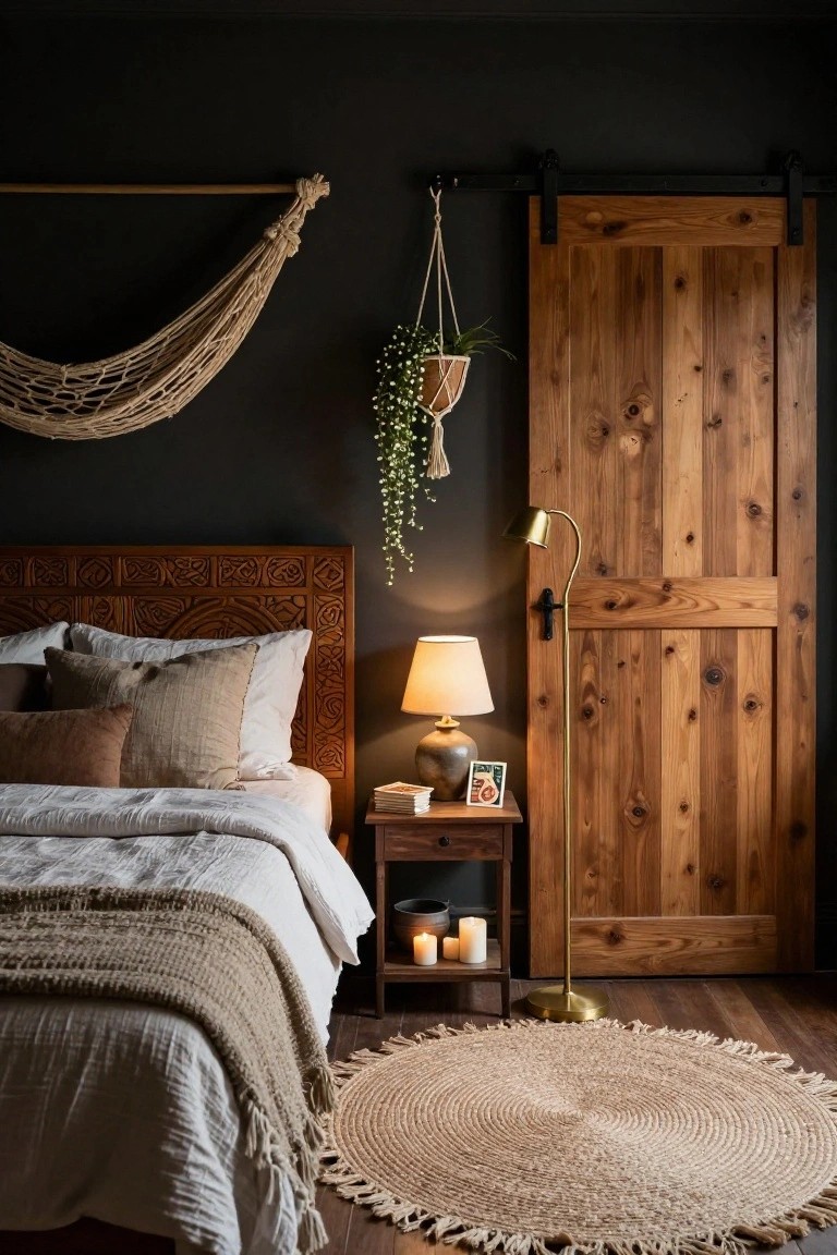 A bedroom with dark walls, an intricately carved wooden headboard, white and beige linen bedding, a wooden nightstand with lamp and candles, hanging macrame net and plants, and a wooden sliding barn door.