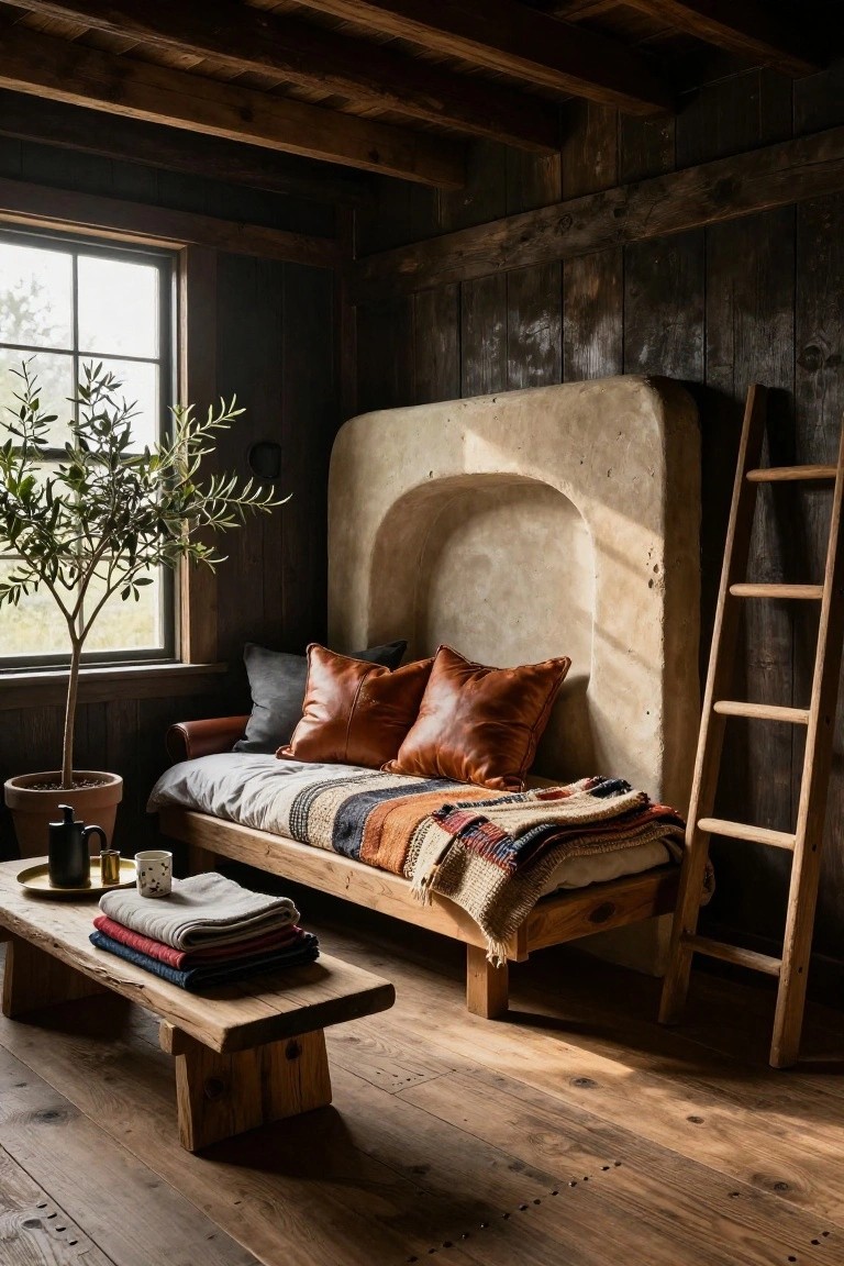 Cozy bedroom nook with curved beige alcove daybed covered in layered colorful blankets and pillows, olive tree in pot, low wooden table with folded textiles, leaning wooden ladder, and dark wood walls and floor.