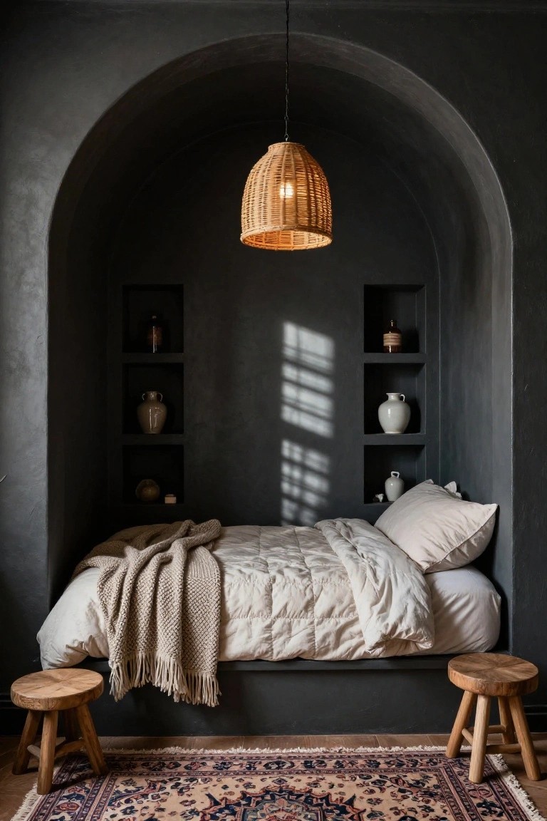 Dark arched wall recess containing a low bed with white bedding and a cream throw, flanked by built-in shelves with ceramic vases and jars, a hanging rattan pendant lamp above, two wooden stools on either side, and a patterned rug on the wood floor in front.
