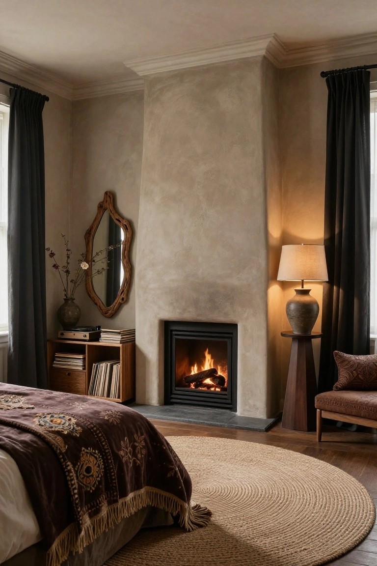 Bedroom corner with gas fireplace burning in textured beige plaster wall, wooden shelves holding vinyl records next to ornate wood mirror with dried branches in vase, bed draped in embroidered brown throw on seagrass rug, brown armchair, and table lamp with vase beside window with dark curtains.