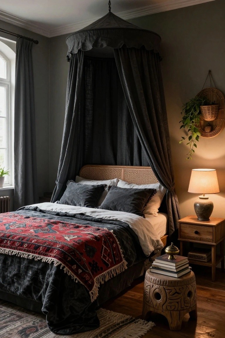 A bedroom interior with a rattan bedframe under a black fabric canopy, gray pillows and duvet, red patterned throw blanket, wood nightstand with lamp and books, woven stool, hanging plant basket, and arched window with gray curtains.