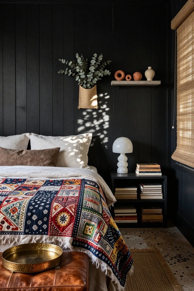 Bedroom featuring black vertical paneled walls, a bed with white sheets and a multicolored patchwork quilt, brown lumbar pillow, bedside table with white bubble lamp and stacked books, floating shelf with terracotta ceramics and hanging eucalyptus in a basket, beside bamboo blinds and leather bench with brass tray.