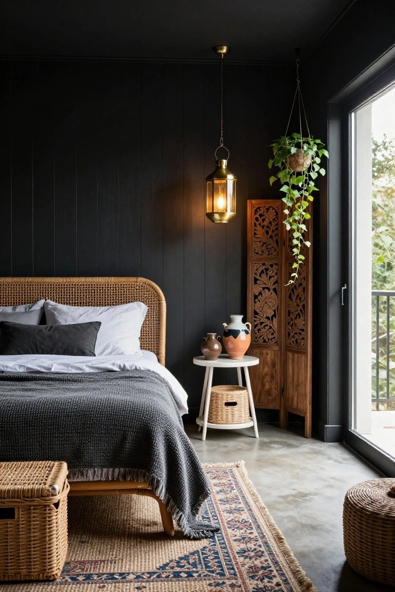 Bedroom with black vertical shiplap walls, rattan bed frame and headboard with white and gray bedding, brass hanging lantern, carved wooden screen with hanging plant, glass sliding doors to balcony, rattan storage baskets, and woven pouf on concrete floor.