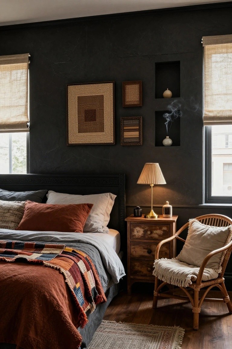 Bedroom with dark textured gray walls, dark upholstered bed topped with rust patchwork quilt, beige and rust pillows, wooden nightstand holding brass lamp and ceramic jars, wall niches with incense holder, woven artworks, rattan chair with cream cushion, and bamboo blinds on windows.