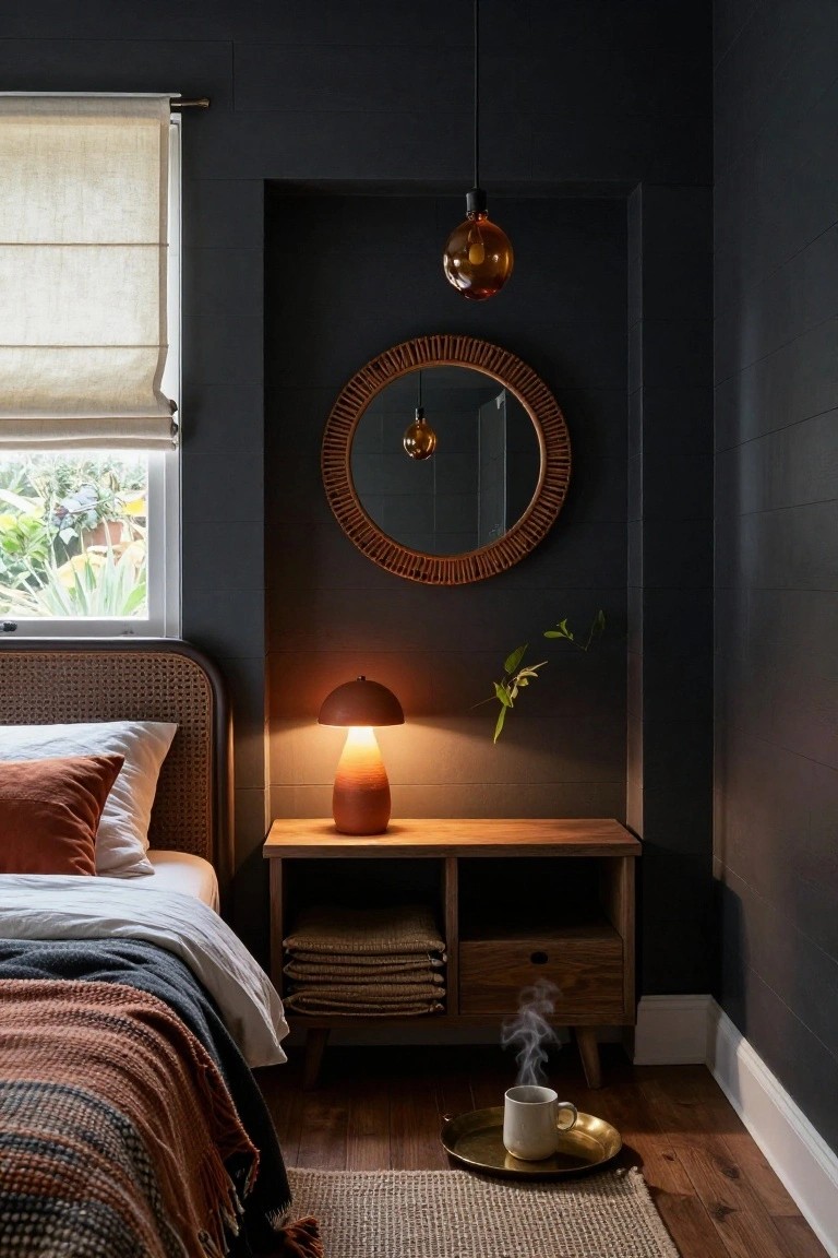 Bedroom with dark navy walls, rattan bed frame, white bedding with orange pillows and multicolored throw, wooden nightstand holding terracotta lamp and steaming mug on brass tray, round rattan mirror, linen window shade, and amber pendant lights.