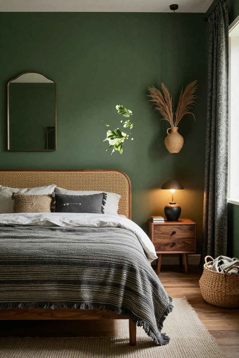 Bedroom with dark green walls, rattan headboard bed dressed in white and gray linens, wooden nightstand with black lamp and books, arched gold mirror, hanging pampas grass and potted plant, seagrass basket on wood floor.
