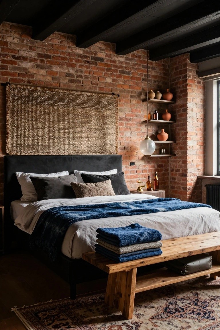 Bedroom interior with exposed red brick walls, black painted wooden ceiling beams, black velvet upholstered headboard, layered gray and blue bedding, wooden bench with folded towels at bed foot, shelves holding pottery and bottles, rattan wall hanging, and patterned rug on wood floor.