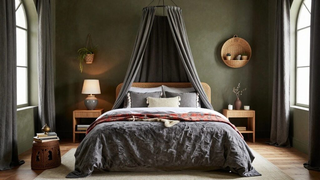 A bedroom interior with a rattan bedframe under a black fabric canopy, gray pillows and duvet, red patterned throw blanket, wood nightstand with lamp and books, woven stool, hanging plant basket, and arched window with gray curtains.