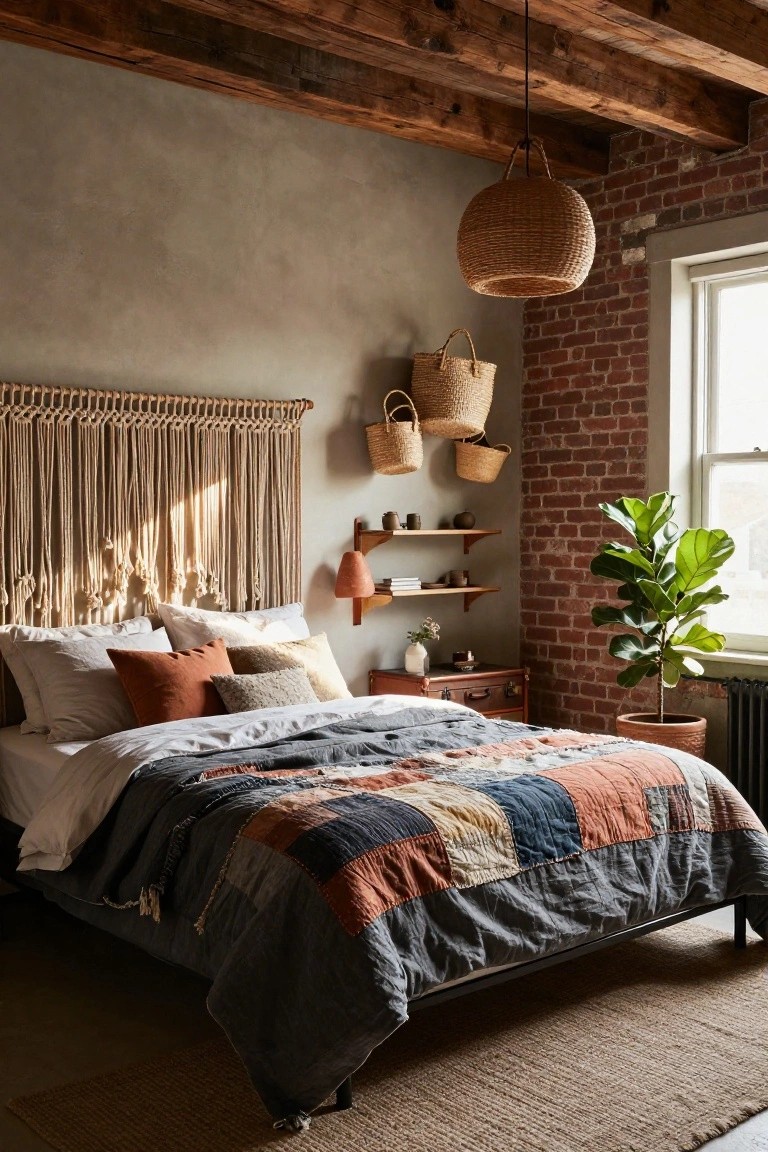 Bedroom with wooden beam ceiling, beige plaster wall and exposed brick, macrame rope hanging behind bed with patchwork quilt and pillows, rattan pendant lights, woven baskets on shelves, wooden dresser, potted fiddle leaf fig plant, and seagrass rug.