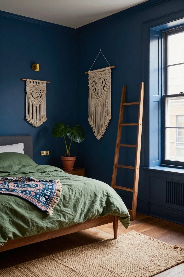 Bedroom corner with dark navy blue walls, wooden bed frame with green linens and patterned throw, two white macrame wall hangings, monstera plant in terracotta pot, wooden ladder shelf, and double-hung window.