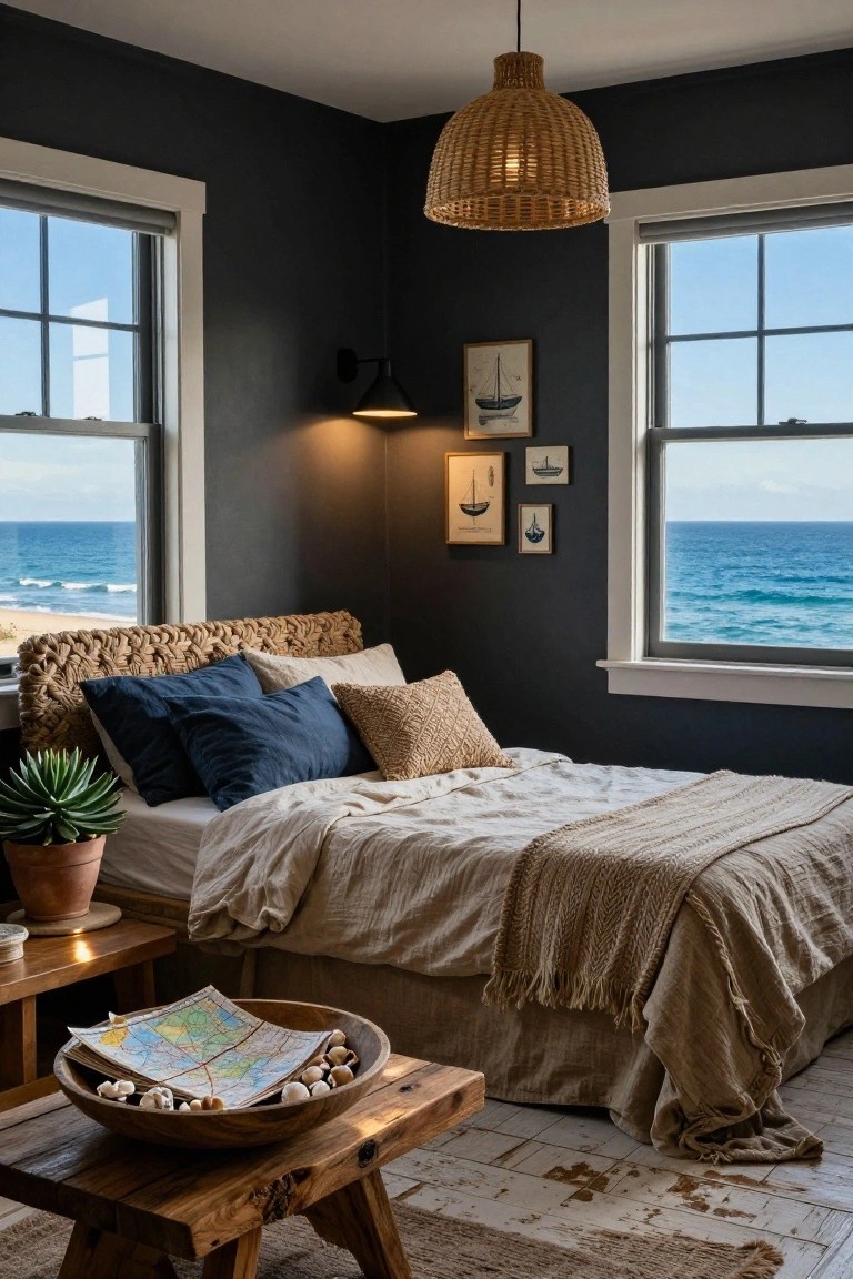 Bedroom with dark gray walls, rattan-woven headboard on bed with navy and beige pillows and linens, matching rattan pendant light overhead, large windows showing ocean view, wooden side tables with potted succulent and bowl of shells on map.