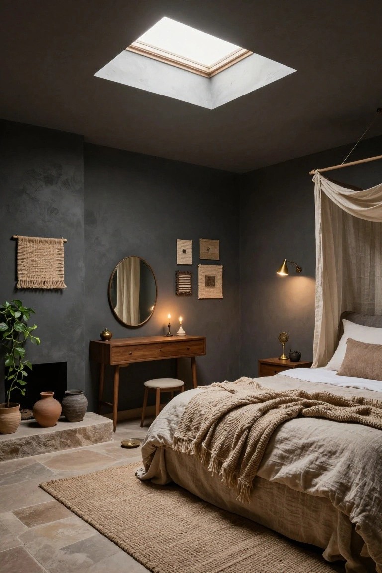 Dark gray bedroom corner with wooden bed draped in sheer white canopy from ceiling beam, wooden vanity with mirror and stool, potted plants, wall art, candles, and beige rug on stone floor.