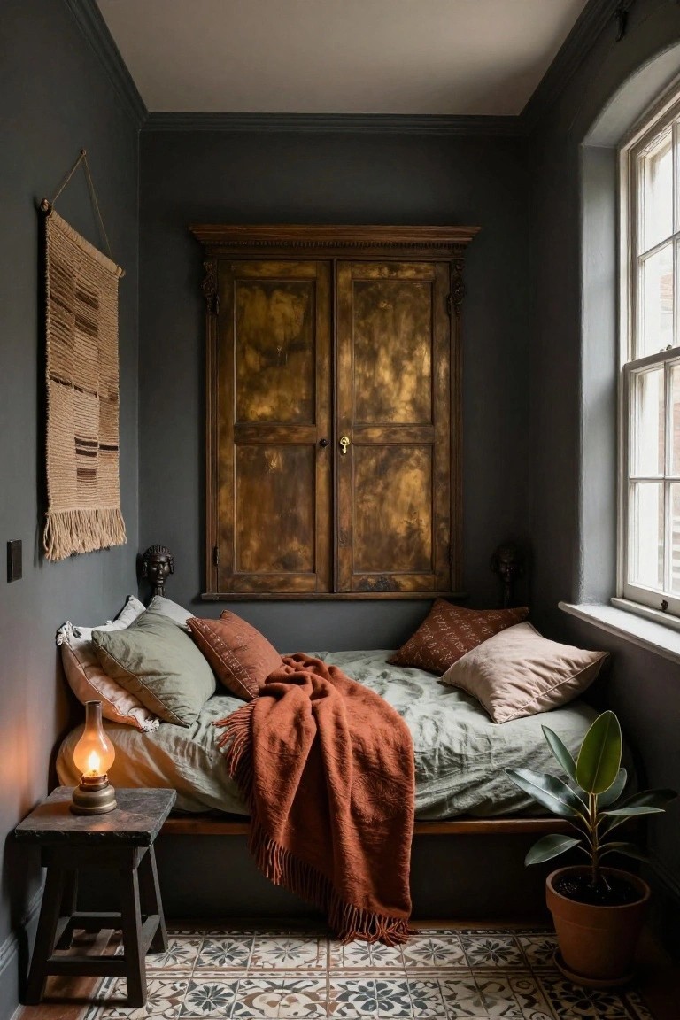 Small corner bedroom with dark gray walls, tall ornate wooden wardrobe with two burnished doors, elevated bed with green linens orange throw and pillows, rustic stool holding oil lamp, two African bust sculptures, woven wall hanging, potted plant, and patterned tile floor next to a tall window.