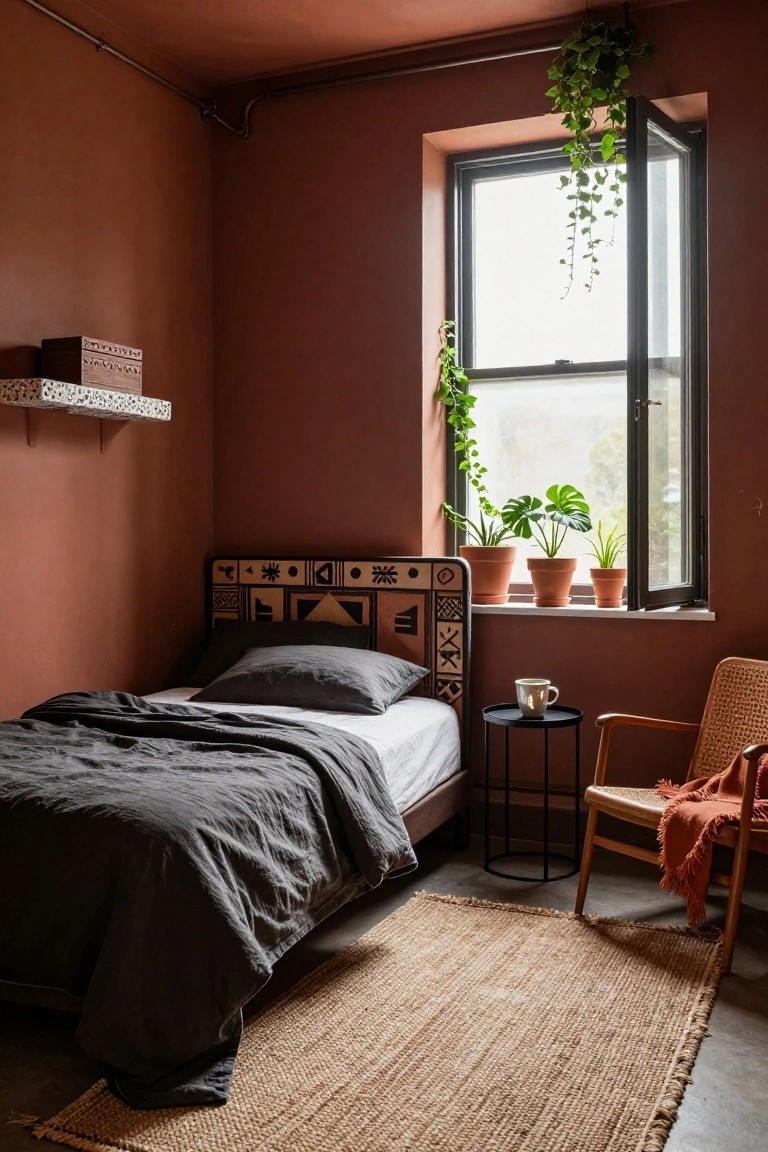 Small bedroom with terracotta walls, single bed featuring geometric wooden headboard and gray linens, plants on windowsill, black metal side table holding a mug, rattan chair with orange throw, and seagrass rug on concrete floor.
