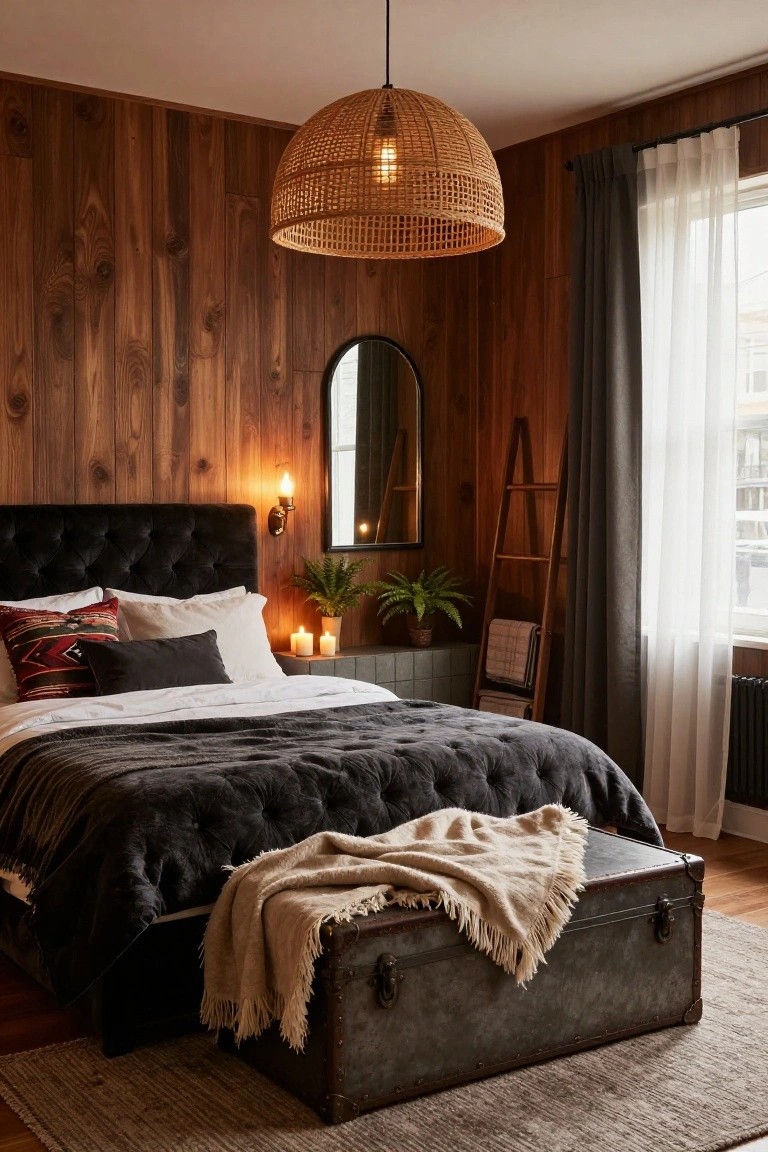 A bedroom with dark vertical wood paneling on walls, black tufted headboard bed with gray bedding and cream throw, rattan pendant light, arched mirror, wooden ladder holding blankets, plants, candles on nightstand, and vintage metal trunk on seagrass rug.