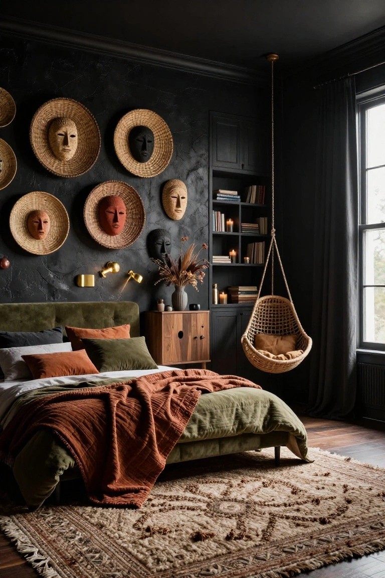 Moody bedroom with dark textured walls covered in large woven masks, green velvet upholstered bed with orange and green bedding, wooden side cabinets, rattan hanging swing chair, and beige patterned rug on wood floor.