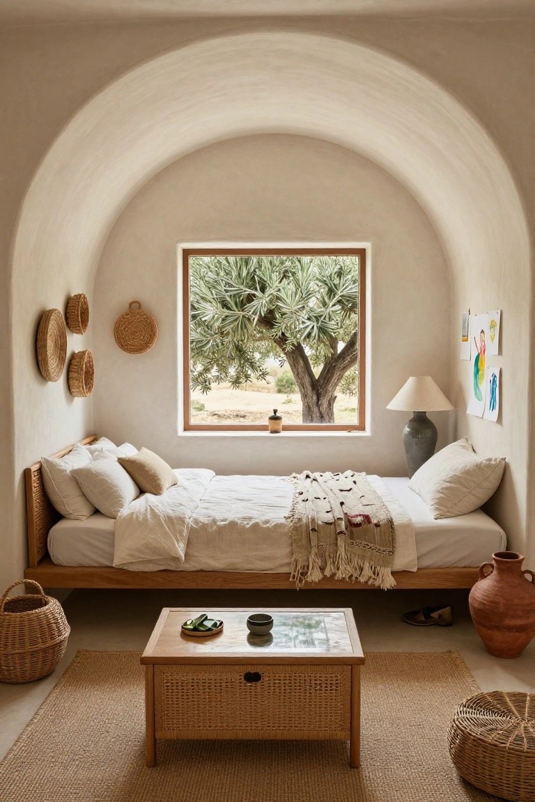 White arched alcove bedroom with low wooden platform bed, white bedding, woven seagrass baskets on walls, rattan side table, lamp, window showing olive tree and landscape, terracotta pots, and seagrass rug.
