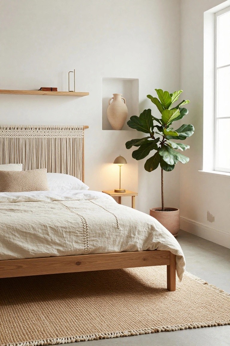 White bedroom corner featuring a low oak bed frame with white linen bedding and pillows, beige macrame headboard, gold bedside lamp on wooden table, tall fiddle leaf fig in terracotta pot, wooden shelf with vase, and beige jute rug on light floor.