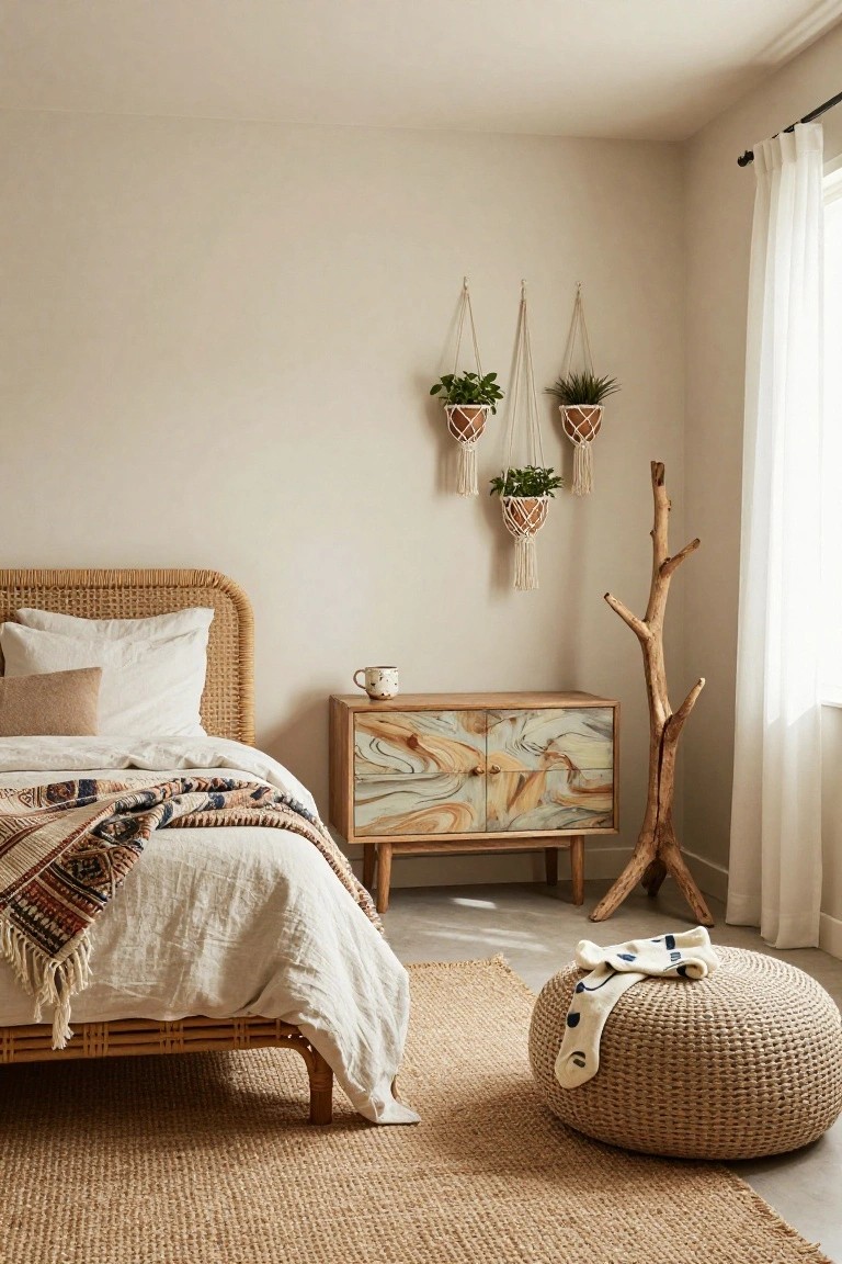 Beige bedroom corner with rattan bed frame, white pillows and patterned quilt, wooden nightstand holding a mug, macrame hanging plants, driftwood stand, and woven pouf on seagrass rug near window with sheer curtains.