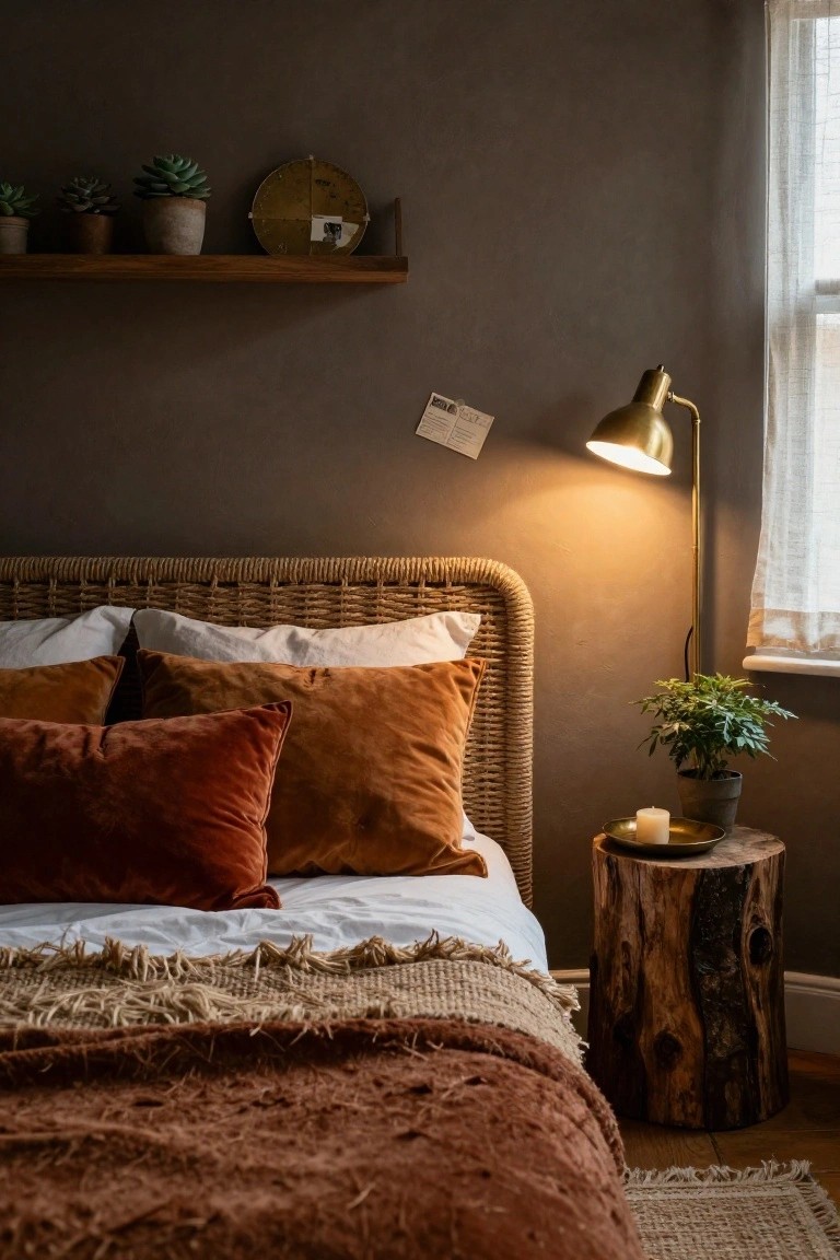 Bedroom interior featuring a rattan headboard with orange velvet pillows, white sheets, fringed tan throw, tree stump side table holding a candle and plant, brass floor lamp, wall shelf with succulents, and postcard on taupe wall.