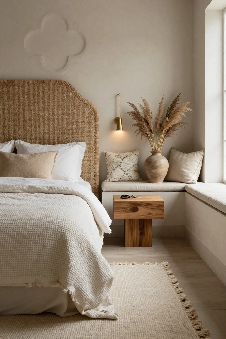 Bedroom corner with beige rattan headboard on a bed with white textured bedding and pillows, wooden side table, pampas grass in terracotta vase on window seat bench, neutral walls, and wall sconce.