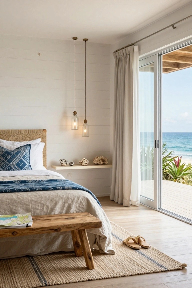 Boho bedroom interior featuring a rattan headboard on a bed with white and blue bedding, wooden bench at foot, seagrass rug on light wood floors, wall shelf with shells, pendant lights, and sliding glass doors open to wooden deck and ocean view.
