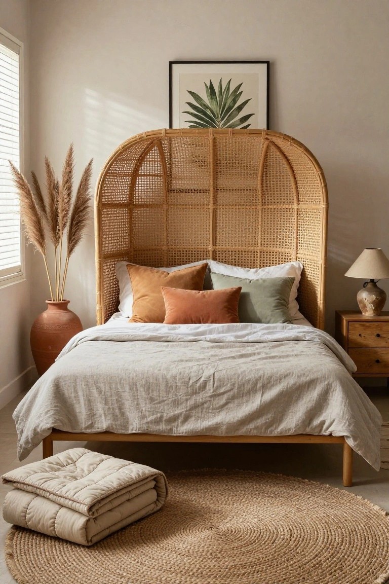 Bedroom interior with tall arched rattan headboard on a bed with neutral linen sheets and pillows, pampas grass in terracotta vase, wooden nightstand with lamp, and seagrass rug on beige walls.