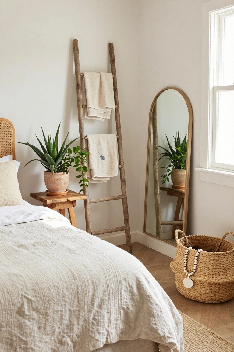 Bedroom corner with rattan headboard bed draped in white linens, wooden nightstand holding potted aloe plant, rustic ladder holding folded white towels, arched wood mirror reflecting plants, and seagrass basket on wood floor.