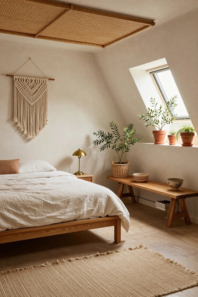 Bedroom interior featuring woven bamboo panels on a sloped ceiling, a wooden bed with white linens, macrame wall hanging, potted plants on a windowsill, brass lamp on nightstand, and wooden bench with ceramic bowls.