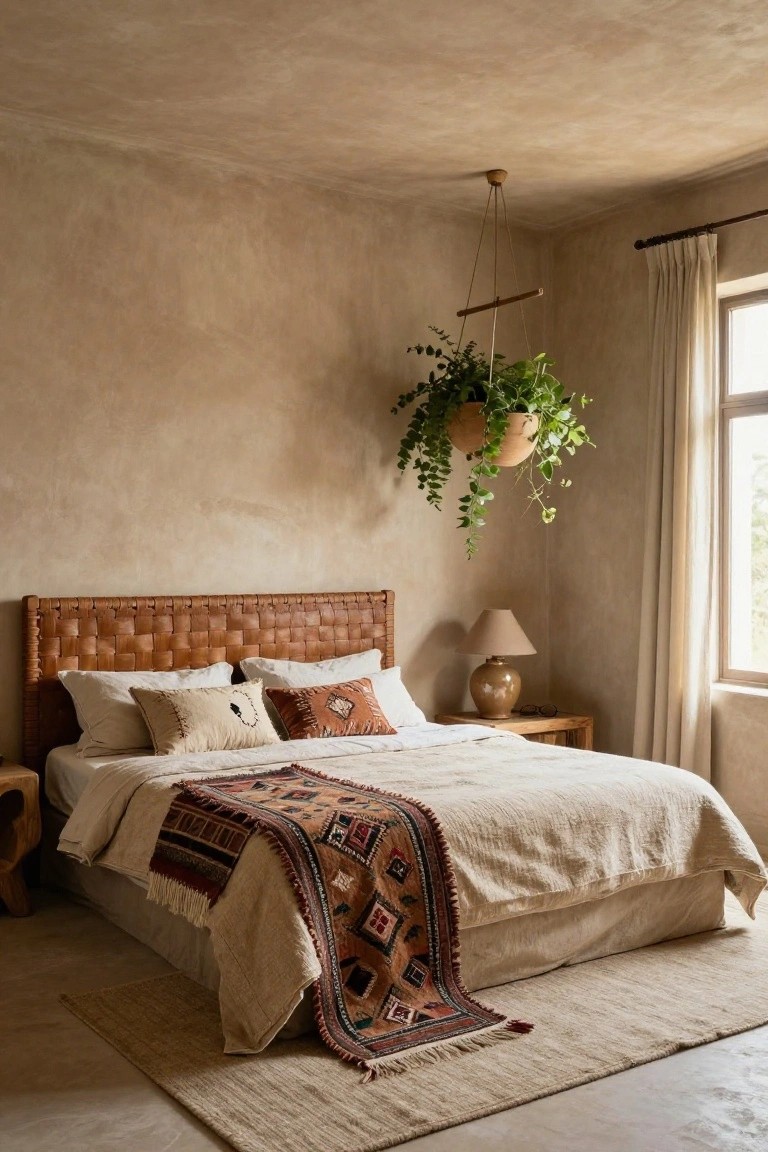 Bedroom with tan braided leather headboard on a bed dressed in white sheets, patterned pillows, and woven throw, plus wooden side tables, lamp, hanging plant pot, beige walls, curtains, and seagrass rug.