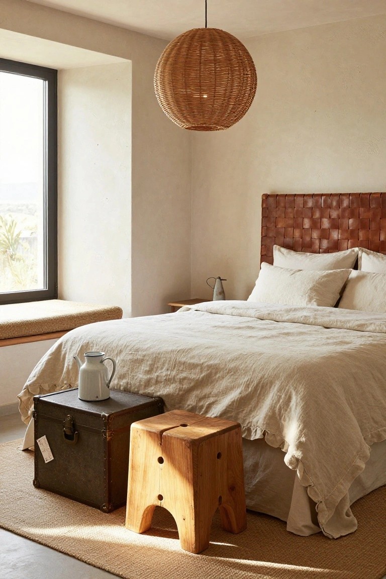 Bedroom with queen bed against brown woven leather headboard, white linen bedding and pillows, wooden stool and black metal trunk as side tables, white ceramic jug on bed, wicker pendant light overhead, and beige cushioned window seat by large window.