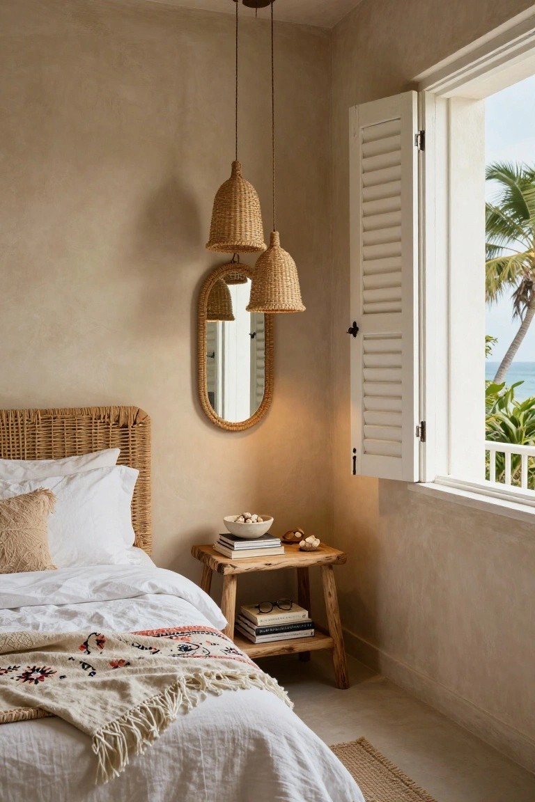 Bedroom interior featuring a woven rattan headboard on a bed with white linens and a colorful throw, wooden nightstand with books and bowl, oval rattan mirror, woven pendant lights, and open white shutters with ocean view.