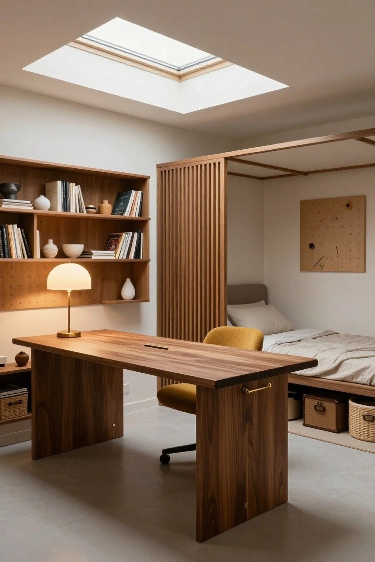 Interior of a compact studio room with wooden bookshelves, a large walnut desk extending to a bed platform behind slatted wooden screens, a yellow office chair, and natural light from a skylight.