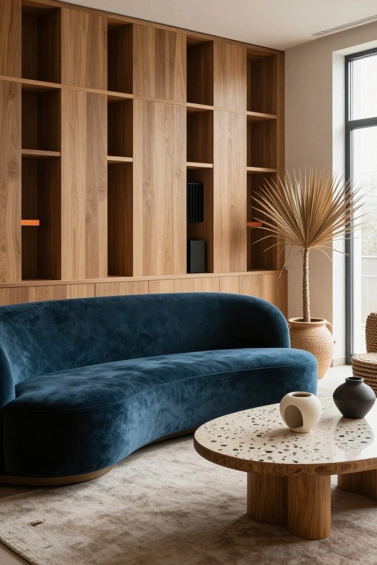 Living room with full-wall wooden built-in open shelves and cabinets, curved navy blue velvet sofa, round coffee table with terrazzo top on a light rug, potted palm tree, terracotta pot, and large window.
