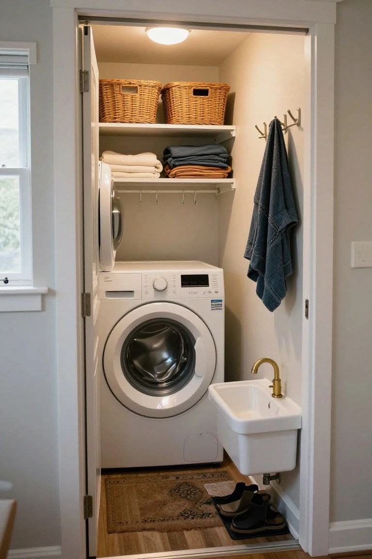 Open narrow closet door revealing stacked white washer and dryer, white utility sink with gold faucet, wooden shelves with wicker baskets and folded linens, hanging towels on hooks, and a rug on the wood floor.