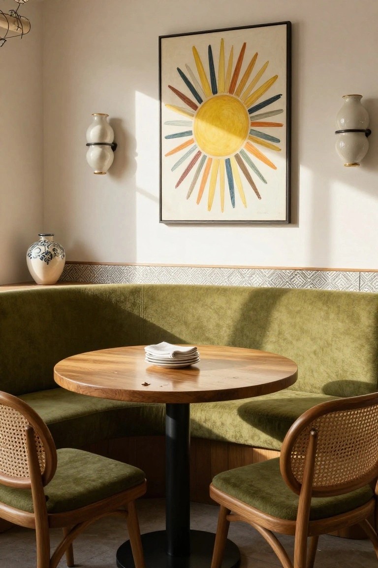 Green velvet curved booth seating around a round wooden table with two rattan chairs, colorful sunburst artwork on a white wall, ceramic vases on shelves, and tiled baseboard details in a bright room.
