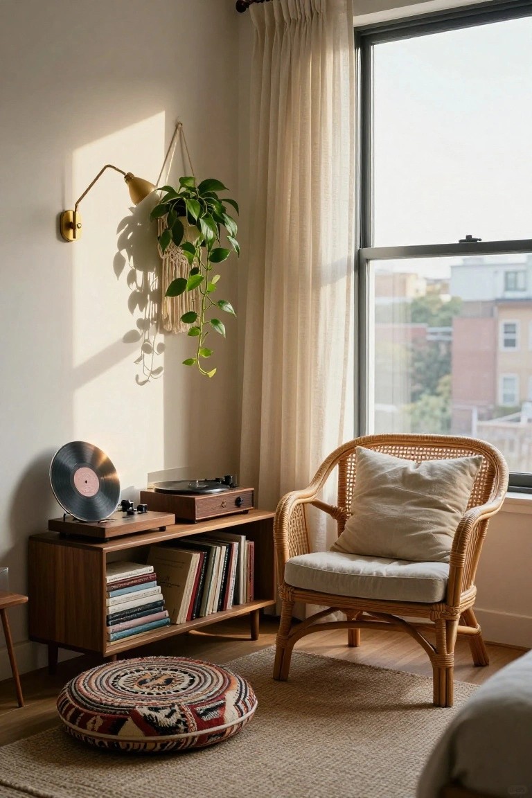 Bright interior corner with sheer curtains on a large window, hanging green plant from macrame, gold wall sconce, wooden credenza holding record player and books, rattan armchair with cream cushions, and patterned floor pouf on jute rug.