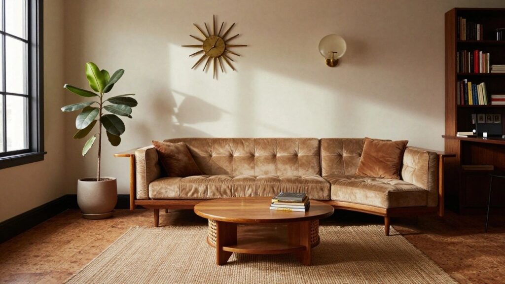 25 Retro Mid Century Studio Apartment Ideas With Timeless Appeal Sunlit corner of a studio apartment living room with curved tufted brown velvet sofa, round rattan coffee table on seagrass rug, wooden desk, bookshelves with books, potted plant, desk lamp, wall clock, and two large black-framed windows.