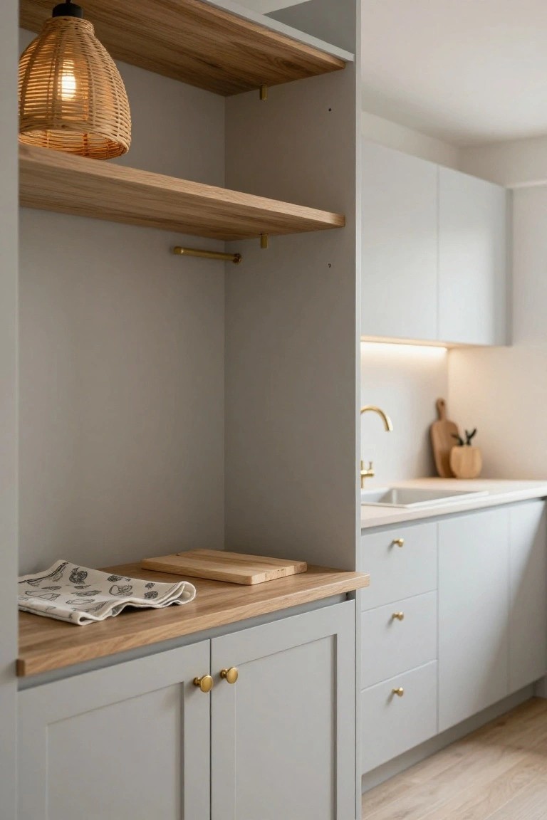 Tall kitchen cabinet unit with open oak wood shelves above gray Shaker-style base cabinets topped with oak counter, gold hardware, rattan pendant light overhead, and adjacent white sink with gold faucet on light wood floor