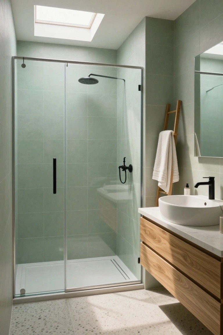 Compact bathroom with pale green subway tiles on walls and shower enclosure, wooden vanity with round white sink, black faucet, ladder towel rack, and skylight overhead.