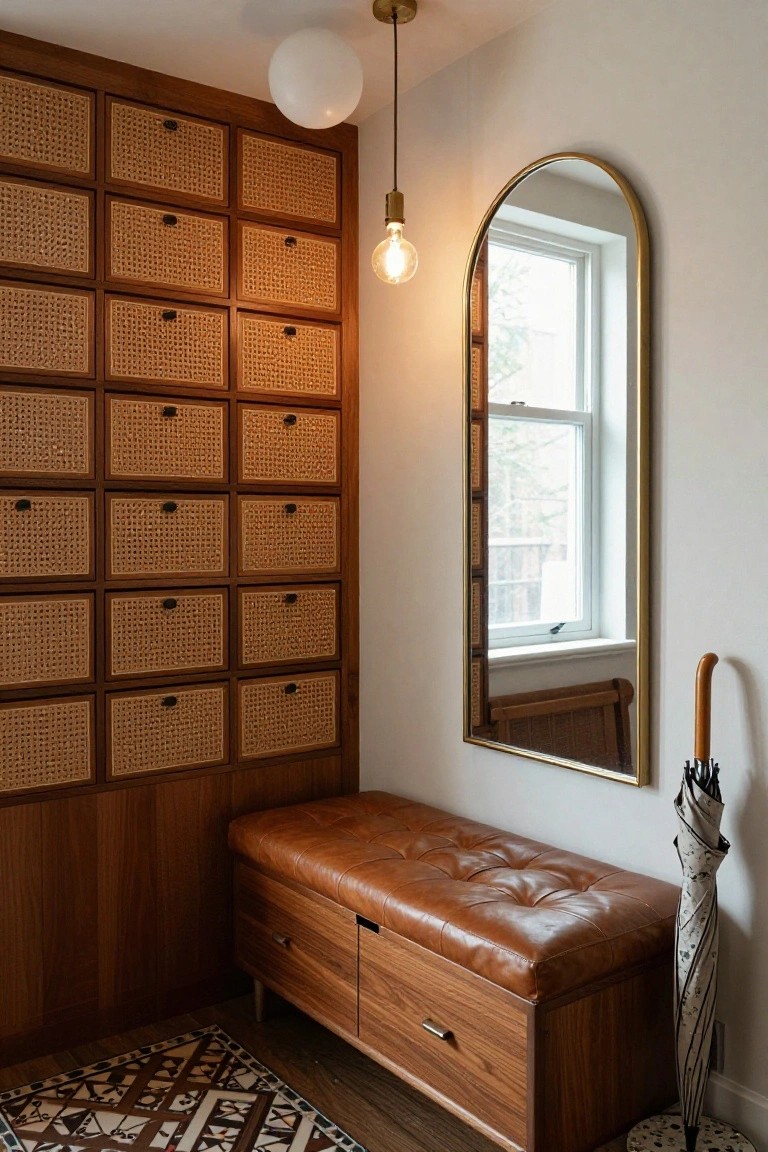 Entryway with tall wooden cabinet wall featuring multiple drawers with woven rattan fronts, brown leather storage bench, gold arched mirror next to a window, umbrella stand, and patterned rug on wood floor.