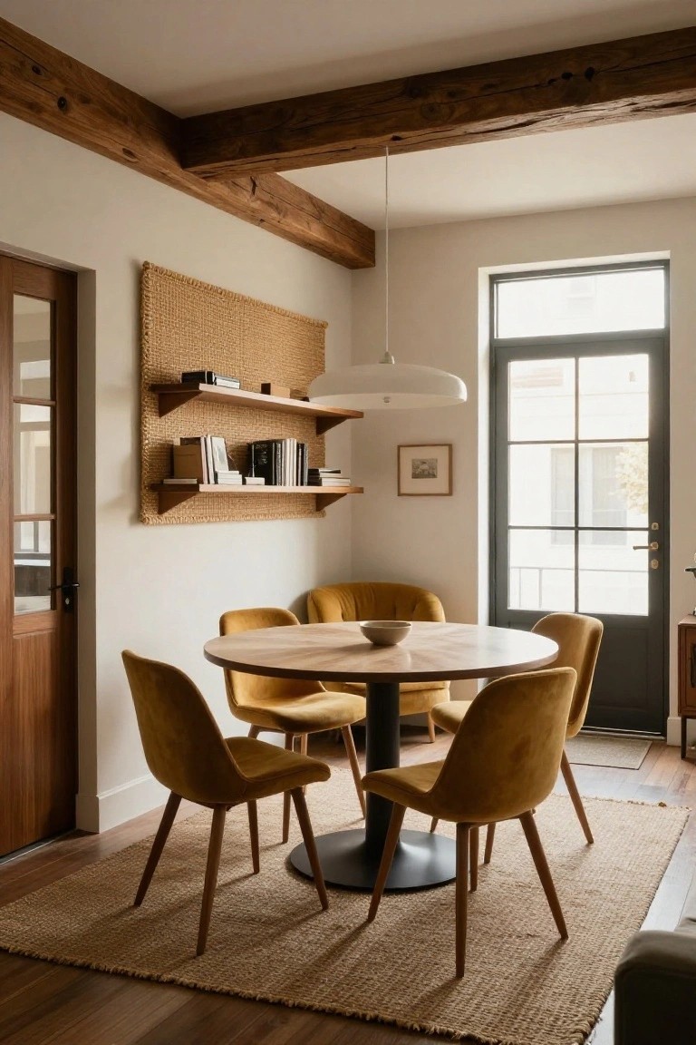 Interior dining corner with round light wood table and four mustard yellow velvet chairs on wood legs, exposed beam ceiling, woven rattan wall panel with floating shelves holding books, white walls, and black-framed French doors.