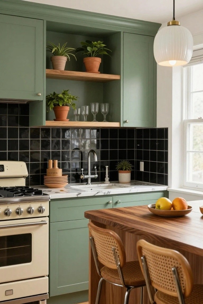 Kitchen with sage green upper and lower cabinets, black subway tile backsplash, cream retro stove and oven, white marble countertop, wood island bar with rattan stools, and potted plants on open wooden shelves.
