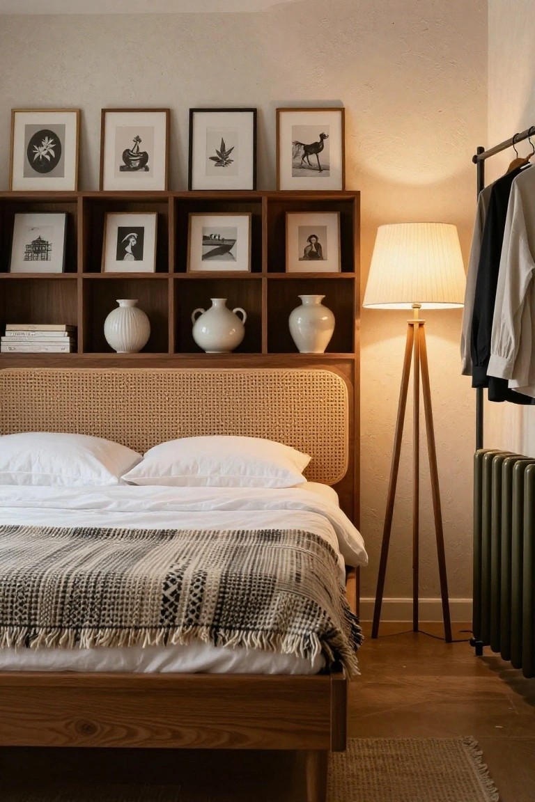 Bedroom interior with wooden open shelves above a rattan headboard bed displaying black-and-white framed art, books, and white ceramic vases, plus a tripod floor lamp, clothing rail, and neutral bedding.