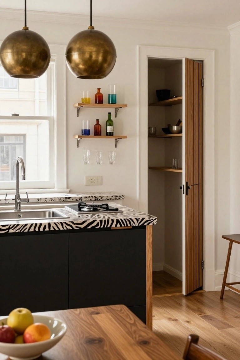 Kitchen featuring black lower cabinets, zebra-patterned countertop, stainless sink, open slatted wooden pantry door revealing shelves with bowls and utensils, wall shelves with colorful glass bottles, brass globe pendant lights, and a wooden table with fruit bowl nearby.