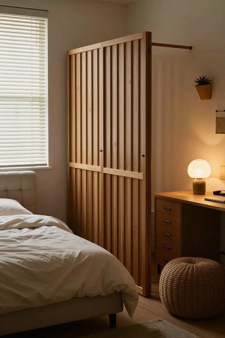 Cozy studio apartment bedroom with white upholstered bed, wooden desk and lamp, rattan pouf stool, slatted wooden partition, window blinds, and wall-mounted plant pot.