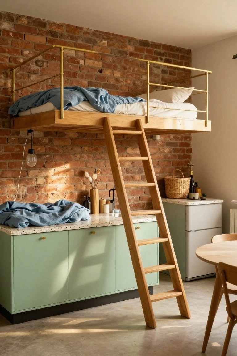 Wooden loft bed platform with blue linens, gold pipe railing, and ladder positioned above mint green cabinets against exposed brick wall in a small kitchen area.