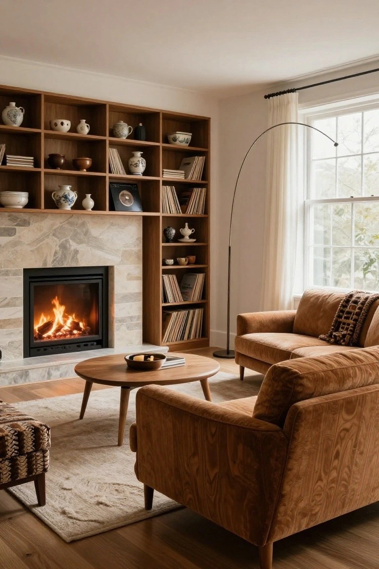 A living room with a stone fireplace flanked by light wood built-in shelves displaying books, ceramics, vases, and records, tan upholstered sofa, round wood coffee table, patterned ottoman, arc floor lamp, and window with sheer curtains.